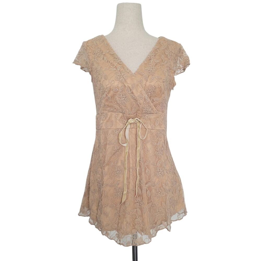 Vintage Y2k Babydoll Floral Lacey Top Size M Tan Romantic Regency Coquette Fairy